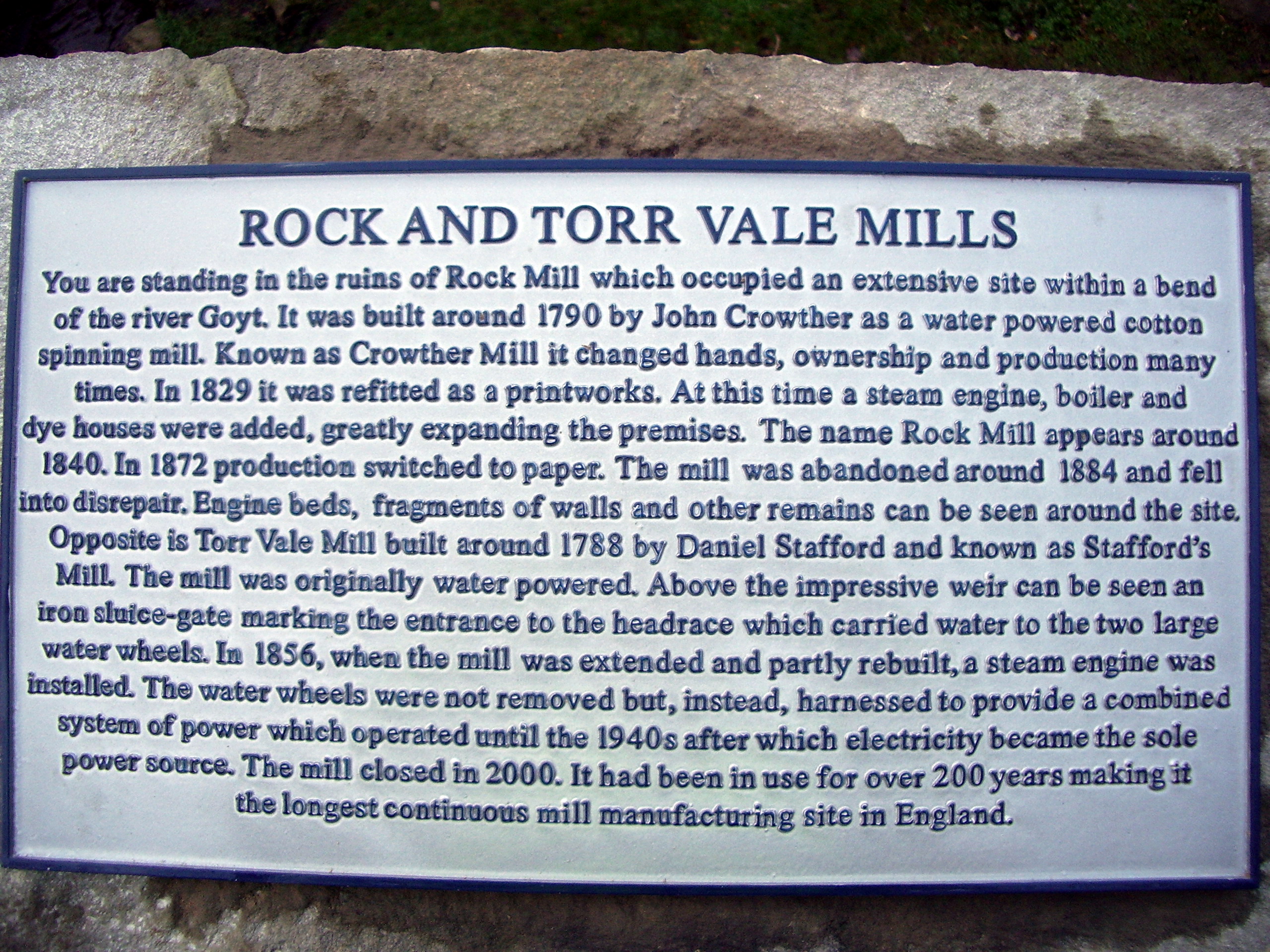 Rock and Torr Vale Mill Plaque in the Torrs