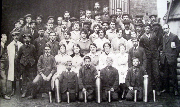 The workforce of Globe Engineering. Thomas Arnfield, left; Joseph Arnfield, right. Around 1918