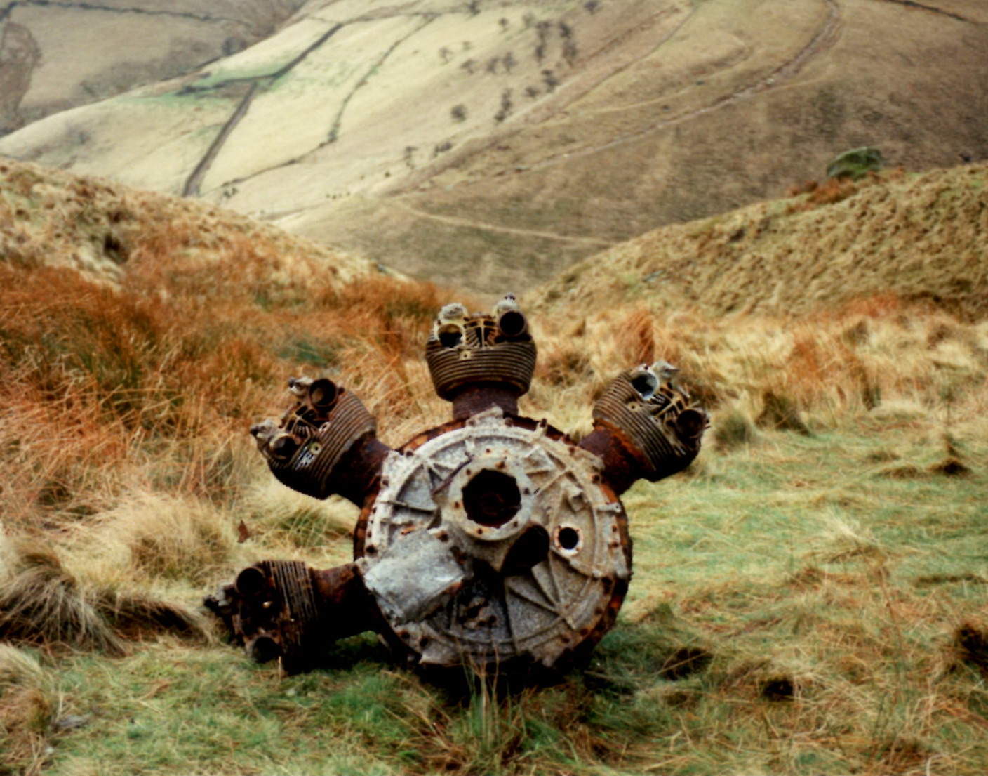 Anson engine still lies on the moor below the crash site