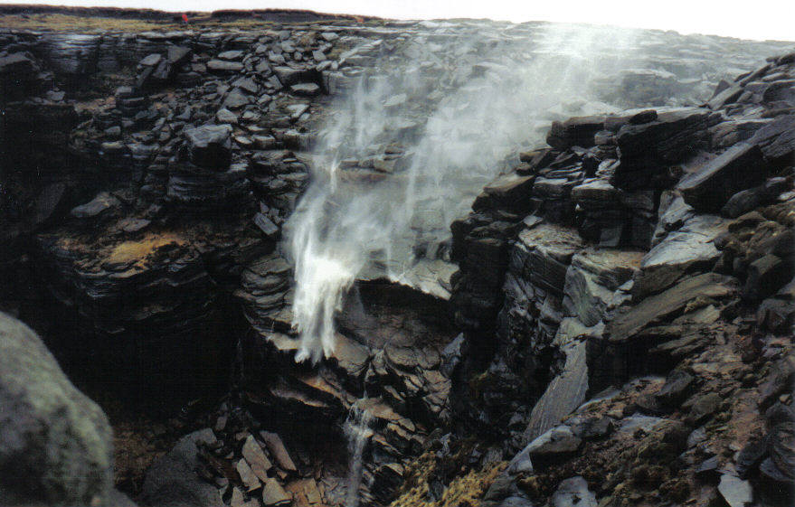 Kinder Downfall flowing uphill, water lifted by the wind into air as a plume of mist rising high above the plateau.
