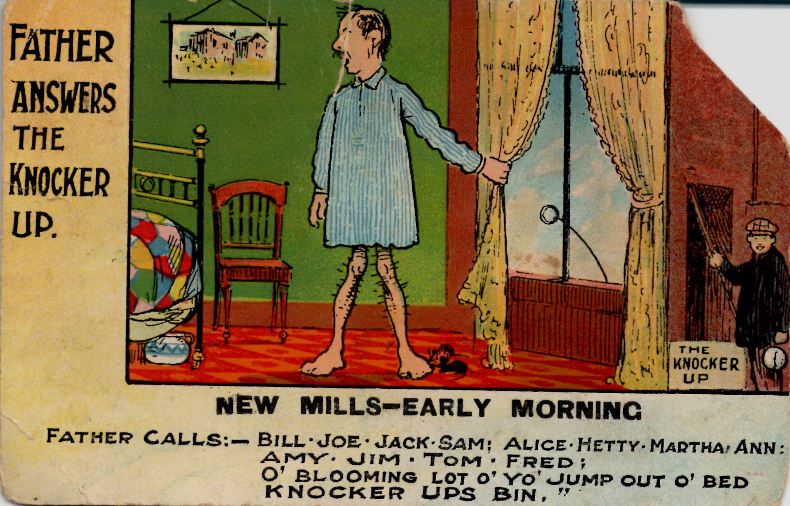 The only New Mills comedy postcard I've seen. Knocker up was a real job, sort of a human alarm clock.