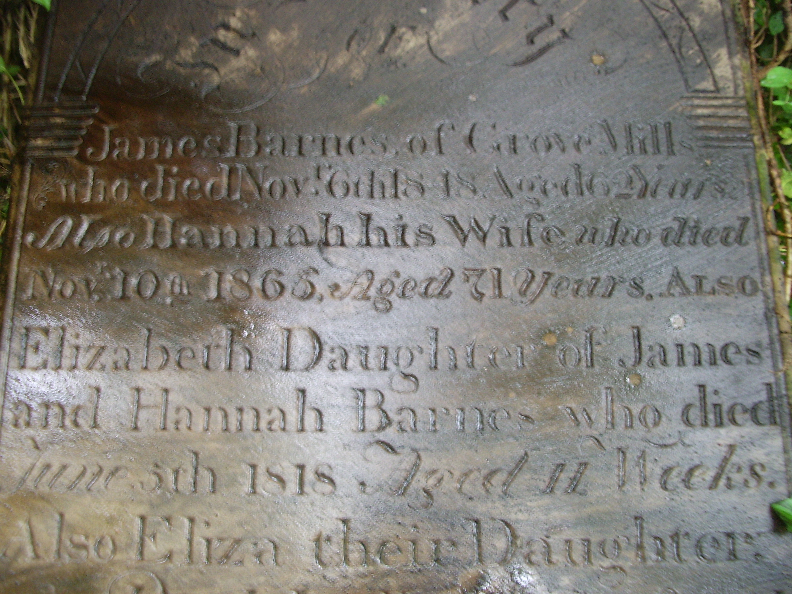 Grave stone of James Barnes in the Methodist Churchyard